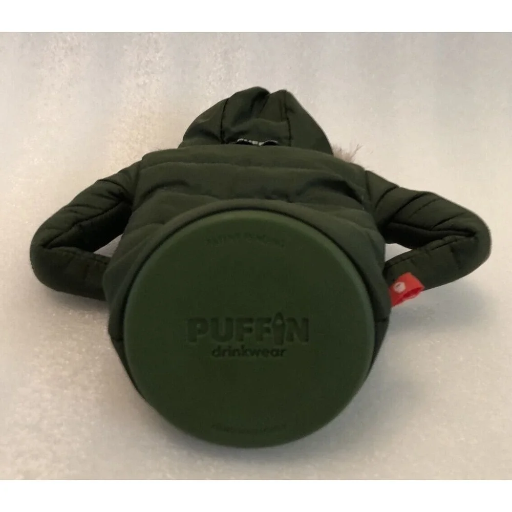 Puffin drinkwear Drink Parka Jacket Koozie The Pahka Olive Green w/ Fur Hood NEW